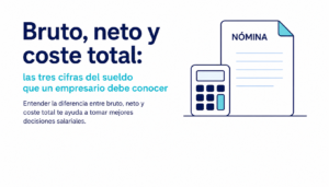 Ilustración de una nómina y una calculadora que explica la diferencia entre salario bruto, neto y coste total para la empresa