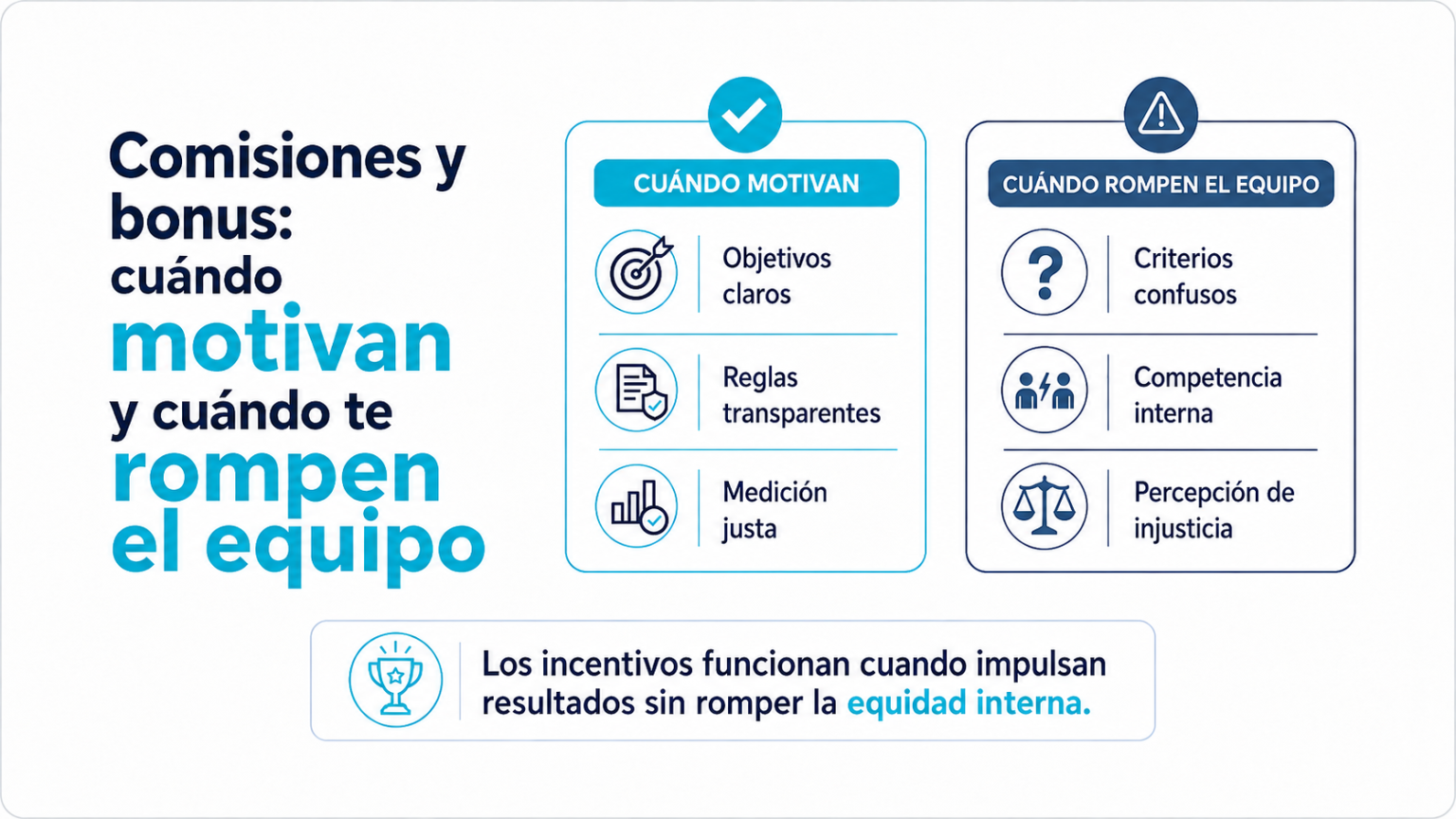 Comisiones y bonus: cuándo motivan y cuándo rompen el equipo según objetivos claros, transparencia, medición justa y equidad interna.